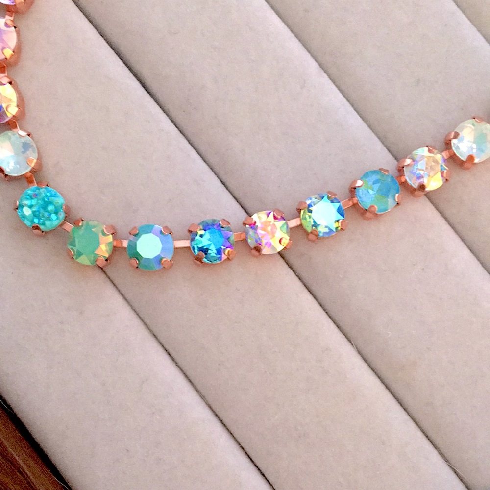Iridescent Purple Opal + Turquoise Ombre Rose Gold Crystal Statement Necklace - Picture 7 of 14